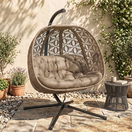 Foldable Hanging Chair with Stand for 2, Cushions & Cup Holders