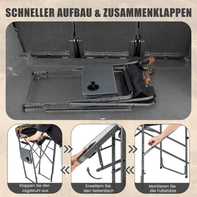 Klappbarer Jagdstuhl, hoher Stuhl, stabiler, übergroßer Regiestuhl mit Beistelltisch, Tragkraft 150 kg