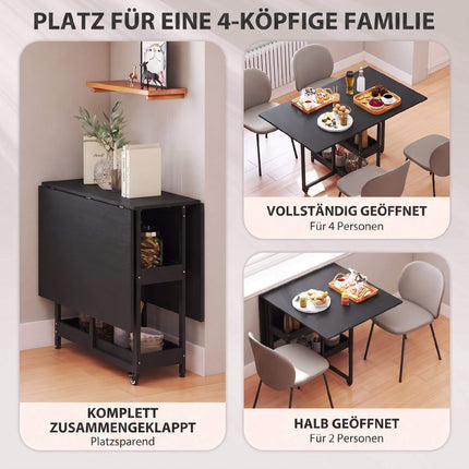 Foldable Industrial Dining Table, Black, Seats 4, Open Shelves