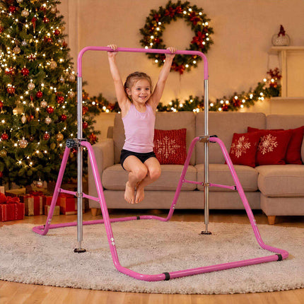 Foldable Kids Gymnastics Bar with 5 Height Levels, Pink, 143 lbs Capacity