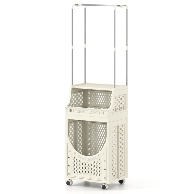 Foldable Laundry Cart with Hanging Rod & Lockable Wheels