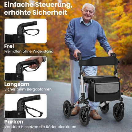 Faltbarer, leichter Rollator mit Luftbereifung, Aluminium, 140 kg Tragkraft