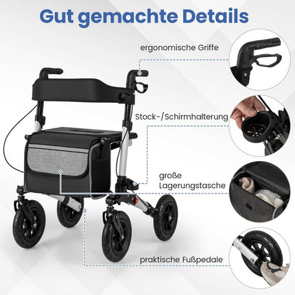 Faltbarer, leichter Rollator mit Luftbereifung, Aluminium, 140 kg Tragkraft