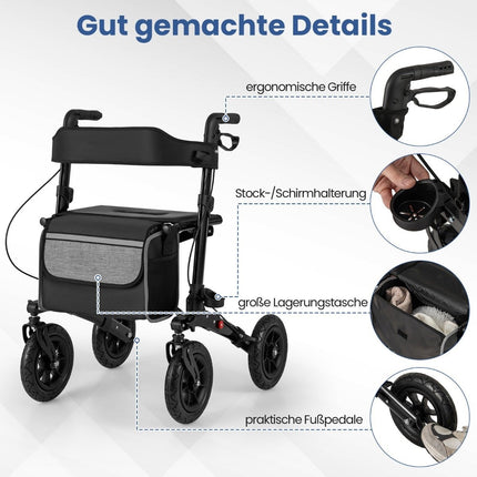 Foldable Lightweight Rollator with Air Tires, Aluminum, 140 kg Capacity