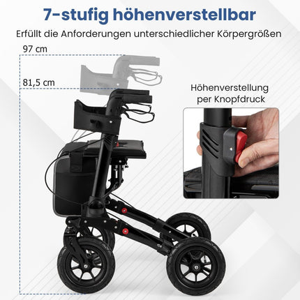 Foldable Lightweight Rollator with Air Tires, Aluminum, 140 kg Capacity