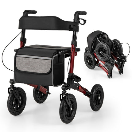 Faltbarer leichter Rollator mit Luftreifen, Rot, 140kg Tragfähigkeit
