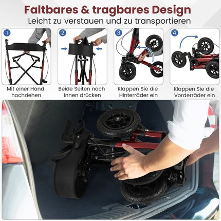 Faltbarer leichter Rollator mit Luftreifen, Rot, 140kg Tragfähigkeit