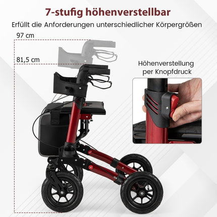 Faltbarer leichter Rollator mit Luftreifen, Rot, 140kg Tragfähigkeit
