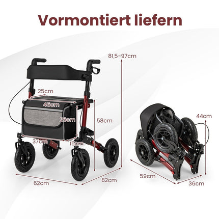 Faltbarer leichter Rollator mit Luftreifen, Rot, 140kg Tragfähigkeit