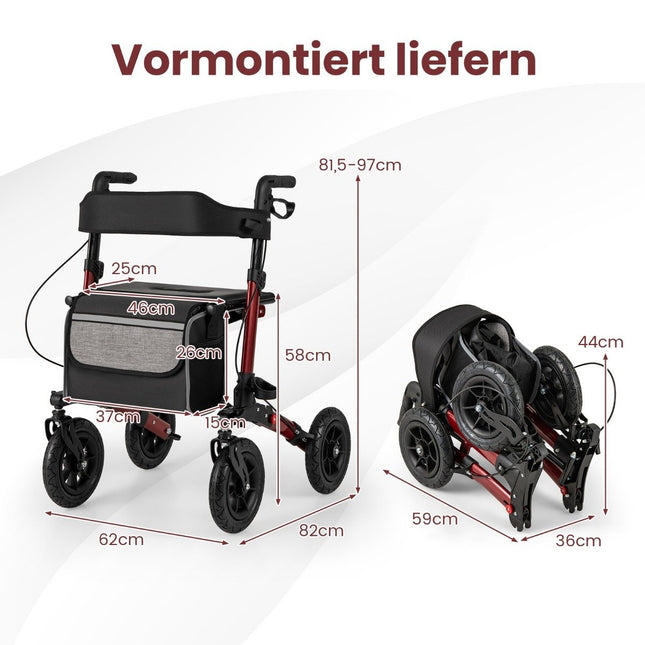 Faltbarer leichter Rollator mit Luftreifen, Rot, 140kg Tragfähigkeit