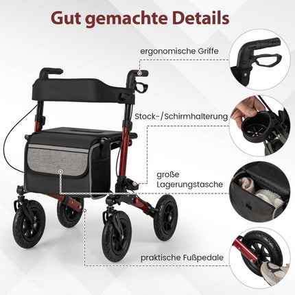 Faltbarer leichter Rollator mit Luftreifen, Rot, 140kg Tragfähigkeit