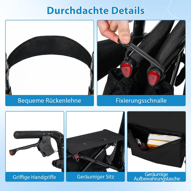 Faltbarer, leichter Rollator mit Sitz, Carbonfaser, Schwarz