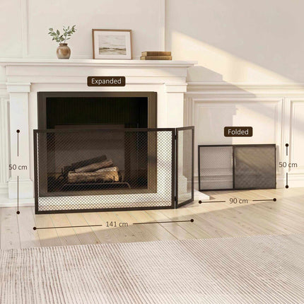 Foldable Metal Fireplace Screen, 141x50cm, Black