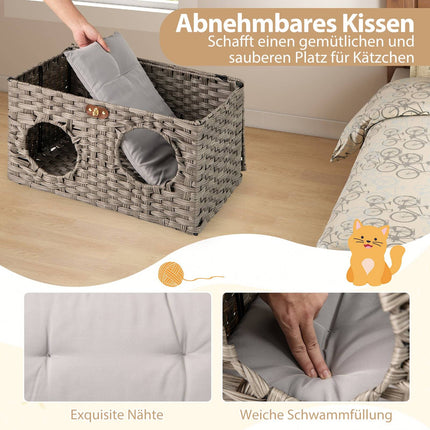 Faltbares Katzenhaus aus PE-Rattan mit abnehmbarem Kissen