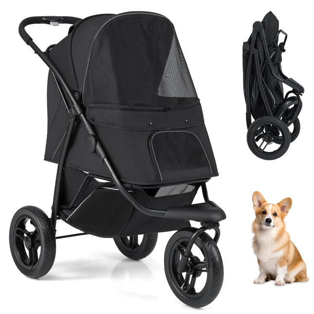Faltbarer Haustier-Kinderwagen, 3 Räder, 25kg Traglast, Schwarz