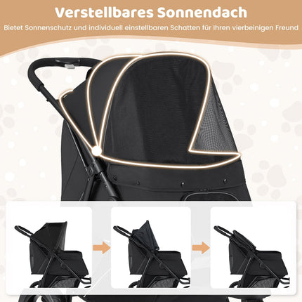 Faltbarer Haustier-Kinderwagen, 3 Räder, 25kg Traglast, Schwarz