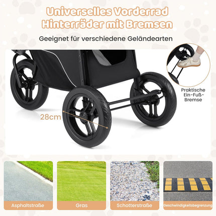 Faltbarer Haustier-Kinderwagen, 3 Räder, 25kg Traglast, Schwarz