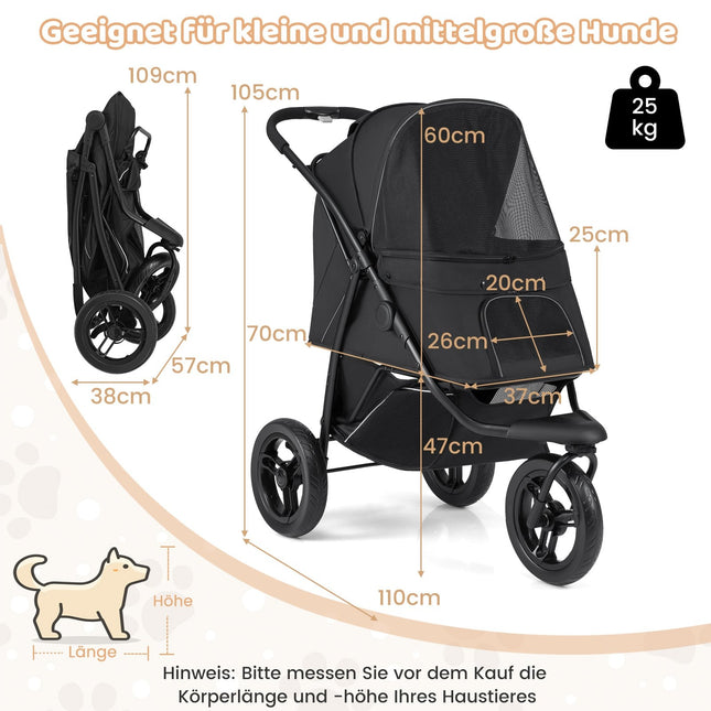 Faltbarer Haustier-Kinderwagen, 3 Räder, 25kg Traglast, Schwarz
