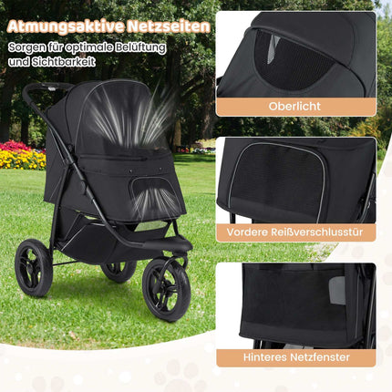 Faltbarer Haustier-Kinderwagen, 3 Räder, 25kg Traglast, Schwarz