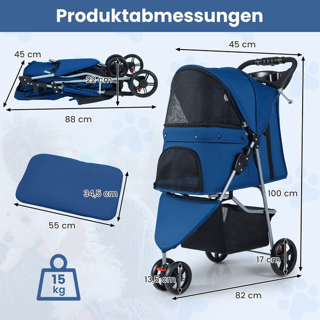 Faltbarer Haustierkinderwagen mit verstellbarem Verdeck, Blau