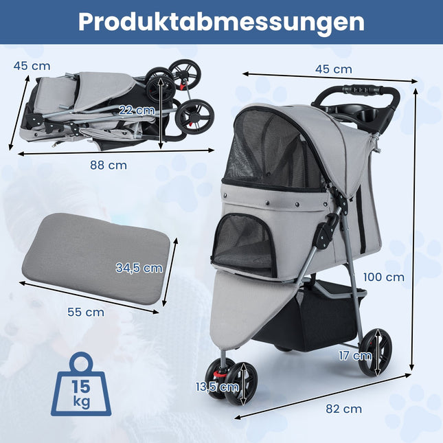 Faltbarer Haustier-Kinderwagen mit verstellbarem Verdeck, Grau