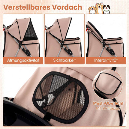 Faltbarer Haustier-Kinderwagen mit Netz, geländegängigen Rädern, Beige
