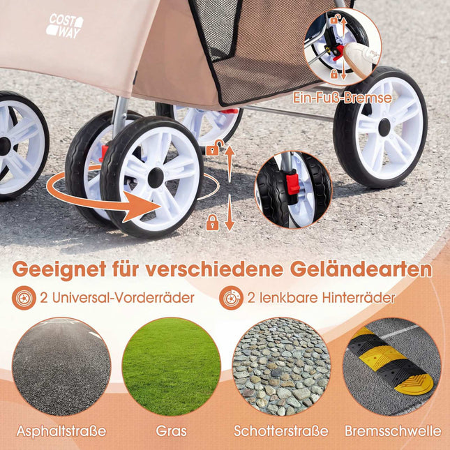 Faltbarer Haustier-Kinderwagen mit Netz, geländegängigen Rädern, Beige
