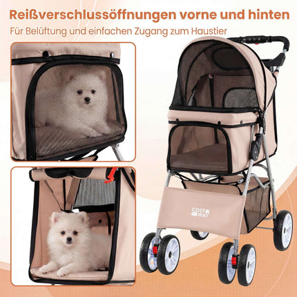 Faltbarer Haustier-Kinderwagen mit Netz, geländegängigen Rädern, Beige