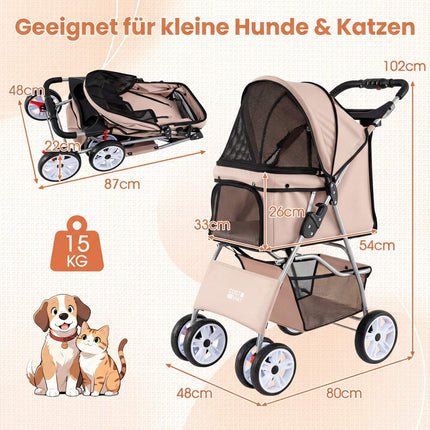 Faltbarer Haustier-Kinderwagen mit Netz, geländegängigen Rädern, Beige