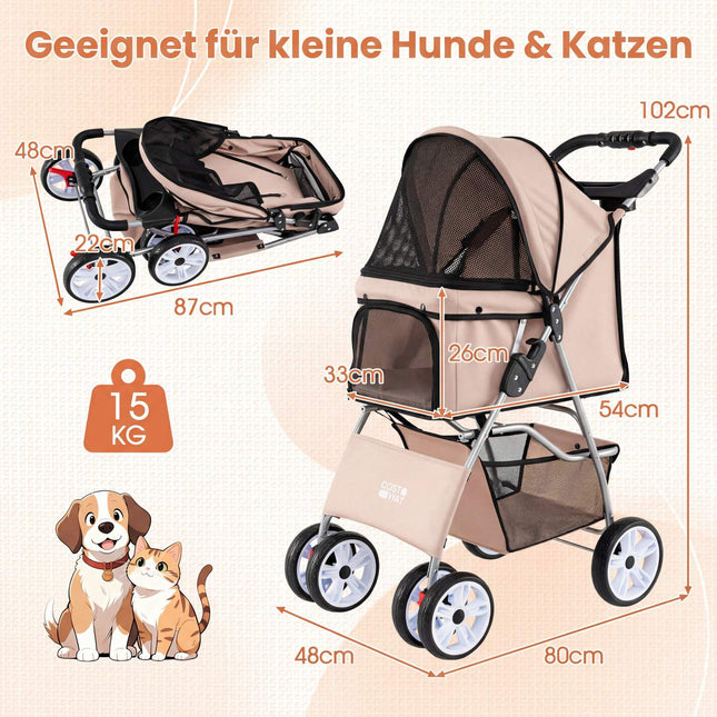 Faltbarer Haustier-Kinderwagen mit Netz, geländegängigen Rädern, Beige