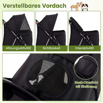 Faltbarer Haustier-Kinderwagen mit Netz, geländegängigen Rädern, Schwarz