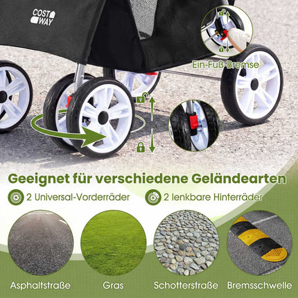 Faltbarer Haustier-Kinderwagen mit Netz, geländegängigen Rädern, Schwarz