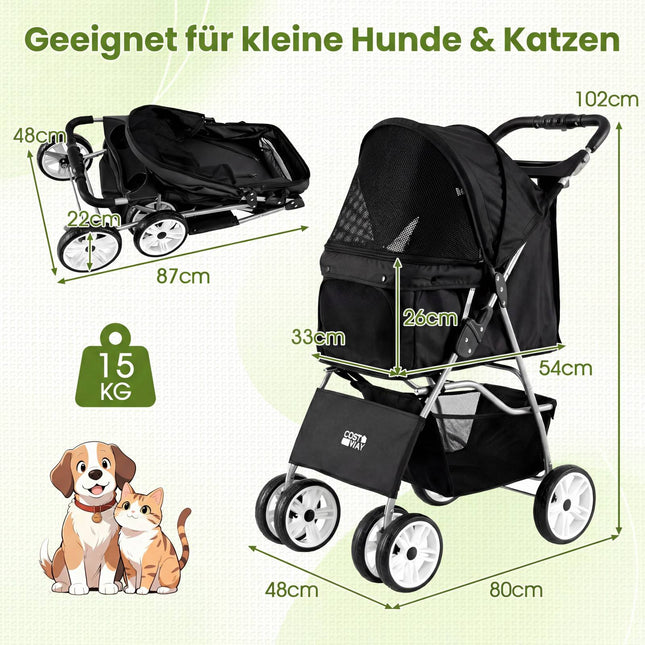 Faltbarer Haustier-Kinderwagen mit Netz, geländegängigen Rädern, Schwarz