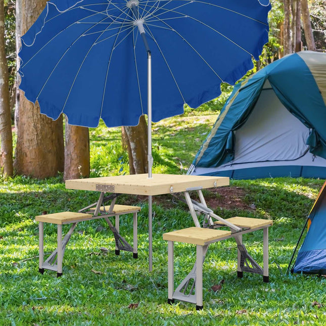 Klappbarer Picknicktisch aus Tannenholz mit Bank und Sonnenschirmloch