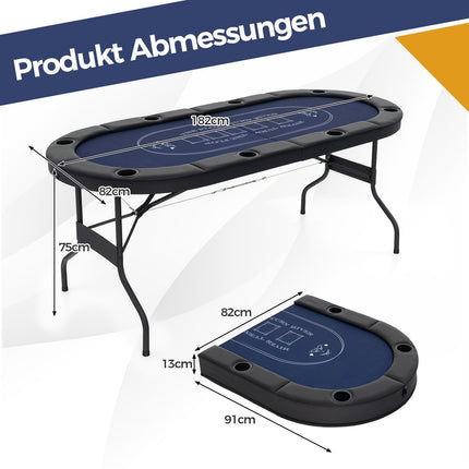 Foldable Poker Table for 8 with Cup Holders and Padded Rails