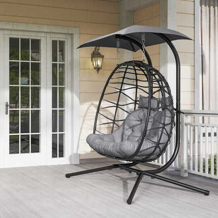 Foldable Rattan Hanging Chair with Canopy, Dark Grey, 260kg Capacity