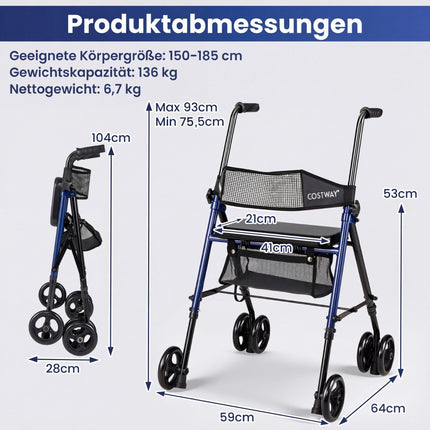 Faltbarer Rollator mit Sitz, höhenverstellbar, blau