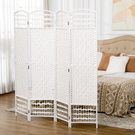 Foldable Room Divider, 4 Panels, White, Wood Frame