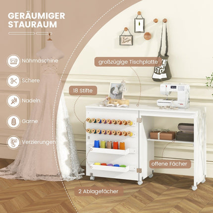 Foldable Sewing & Craft Table with Storage, White