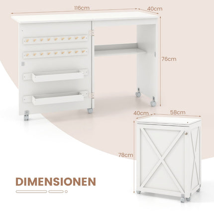 Foldable Sewing & Craft Table with Storage, White