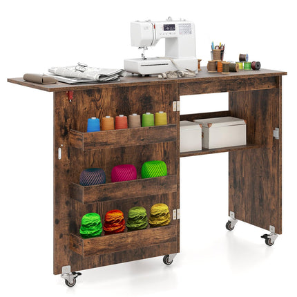 Foldable Sewing Table with Storage, Lockable Wheels, Brown