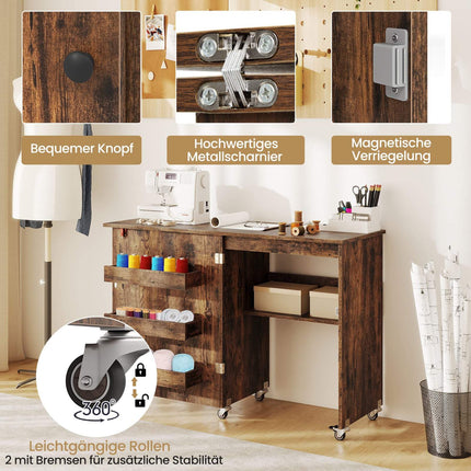 Foldable Sewing Table with Storage, Lockable Wheels, Brown