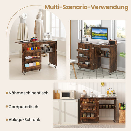 Foldable Sewing Table with Storage, Lockable Wheels, Brown