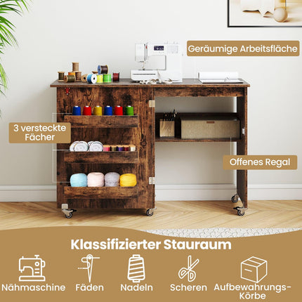 Foldable Sewing Table with Storage, Lockable Wheels, Brown