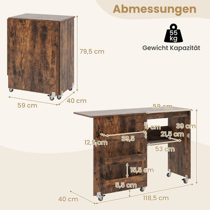 Foldable Sewing Table with Storage, Lockable Wheels, Brown