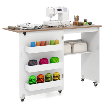Foldable Sewing Table with Storage, Lockable Wheels, White