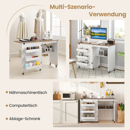 Foldable Sewing Table with Storage, Lockable Wheels, White