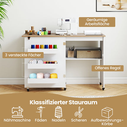 Foldable Sewing Table with Storage, Lockable Wheels, White