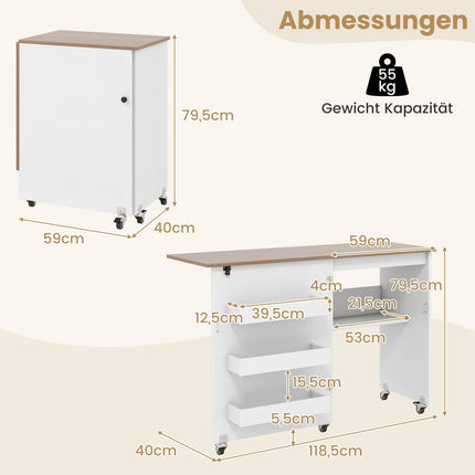 Foldable Sewing Table with Storage, Lockable Wheels, White