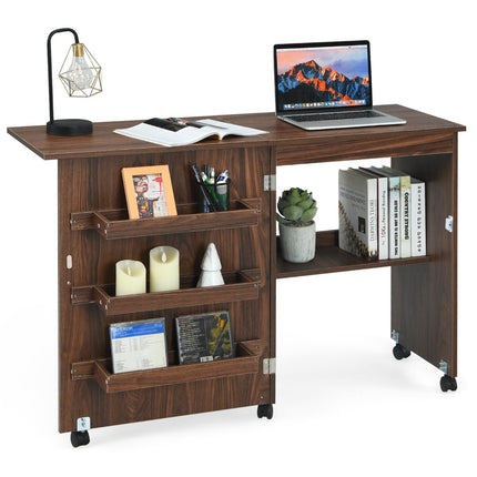 Foldable Sewing Table with Wheels and Storage, Brown